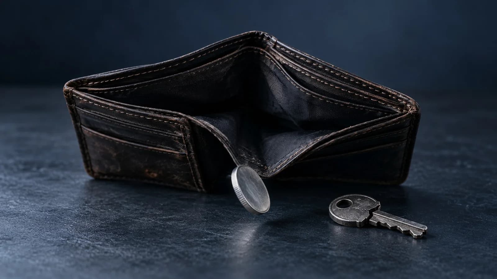 Ersatzszene: eine leere, geöffnete Geldbörse, aus der eine silberne Münze fällt, daneben ein angebrochener Schlüssel auf dunklem Grund. Sie steht für den Qubic-Wallet-Drain und den alten Seed, der ersetzt werden muss.