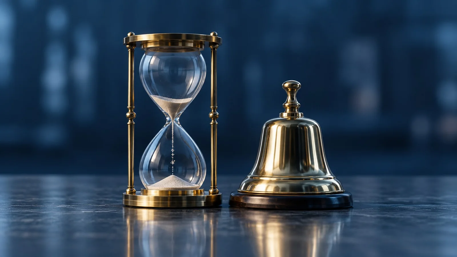 Ersatzszene: Sanduhr neben einer Handelsglocke vor dunklem Grund, die den Tag zwischen Closing und Handelsbeginn der Evernorth-Aktie XRPN an der Nasdaq zeigt.
