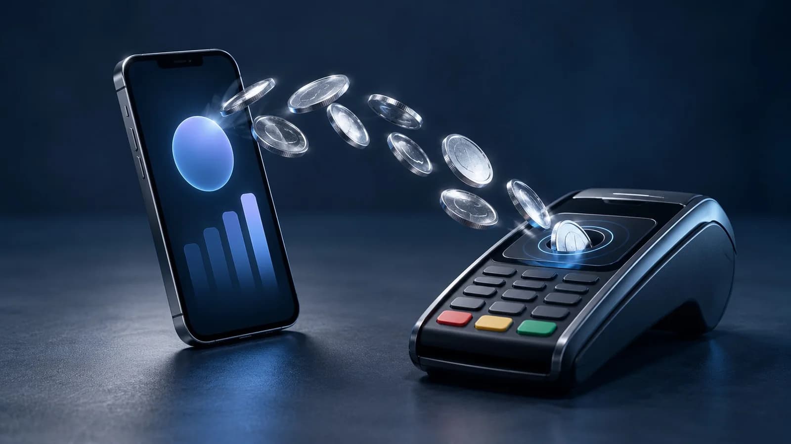 Ein Smartphone ohne Karte hält ein silbernes Guthaben an ein kontaktloses Bezahlterminal, dazu ein dunkler Grund mit feinen cyanfarbenen Netzlinien. Die Szene zeigt: Zahlung direkt aus der Wallet-App, keine eigene Karte.
