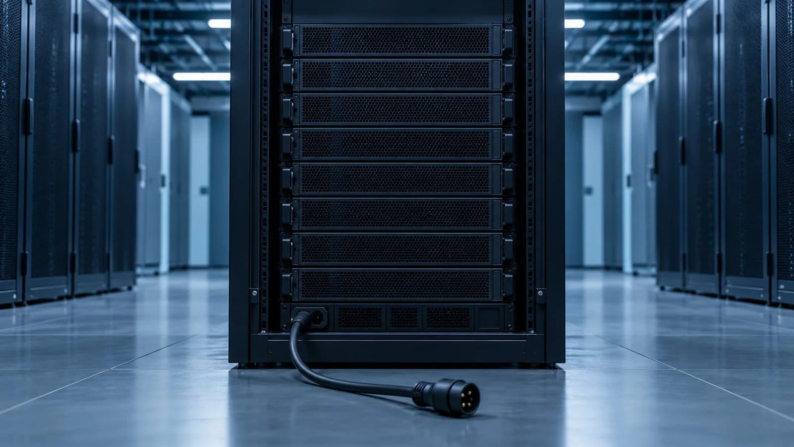 Ein Serverschrank in einem dunklen Rechenzentrum, in dem eine Reihe Server ausgefallen ist und ein gezogenes Stromkabel lose daneben liegt, als Sinnbild für das Stromereignis bei Google in London.
