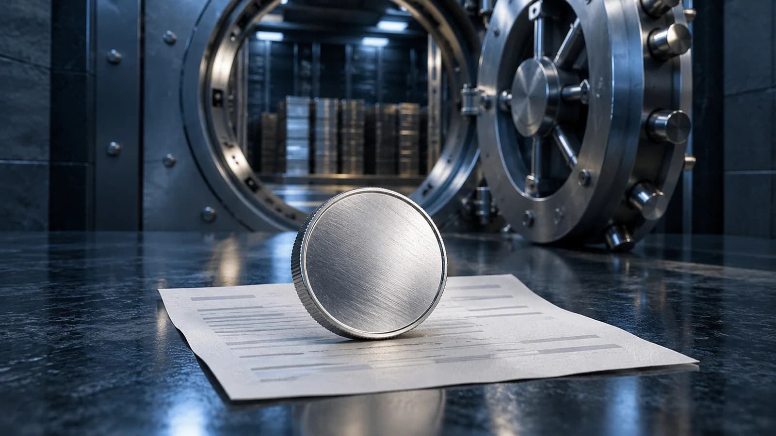 Silberne Münze auf einem ausgedruckten Börsen-Auszahlungsbeleg vor einem geöffneten Tresor, im Hintergrund ein dunkles Netz aus feinen cyanfarbenen Linien. Die Szene steht für den Eigentumsnachweis beim Anspruch auf Rückgabe.