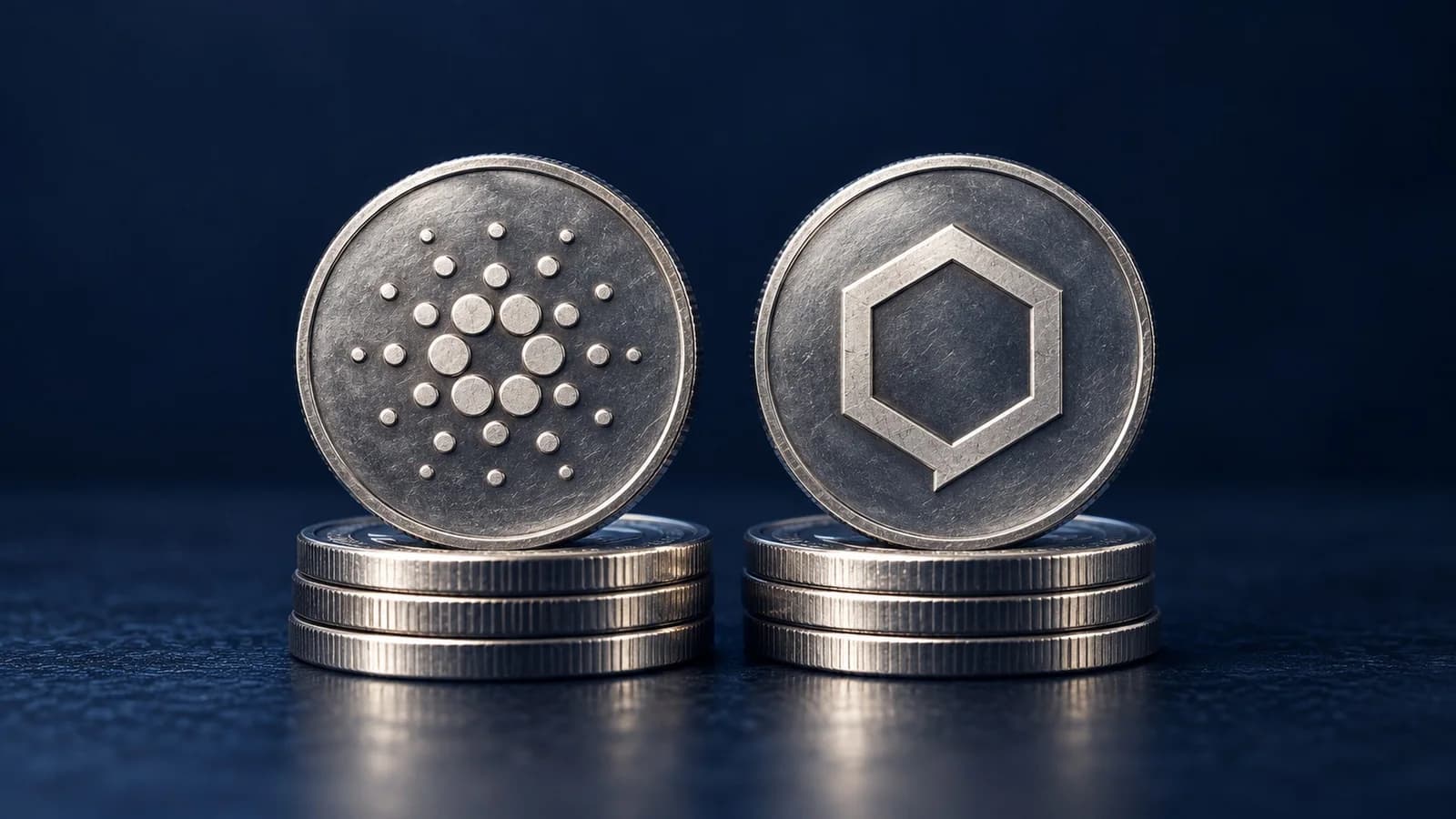 Illustration: silberne Münzen mit den Zeichen von Cardano und Chainlink