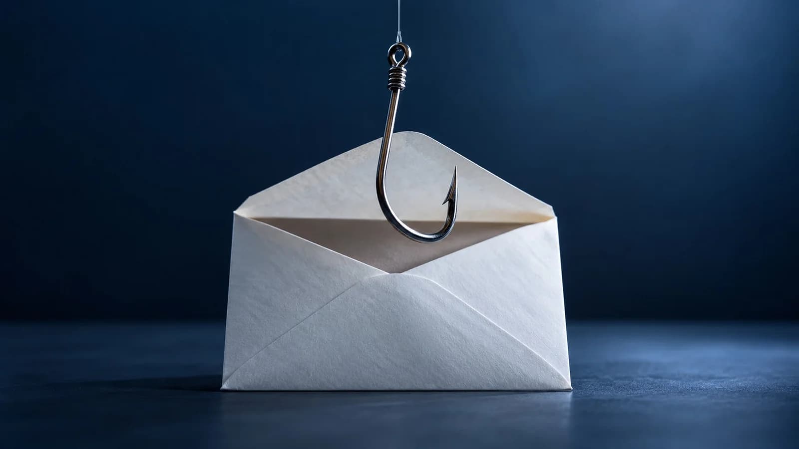 Ein Angelhaken zieht an einem geöffneten Briefumschlag, der auf einem dunklen Untergrund liegt, im kühlen Cyanlicht. Die Szene steht für eine Phishing-Mail, die Passport-Nutzer zur Eingabe ihrer Recovery-Phrase verleiten soll.