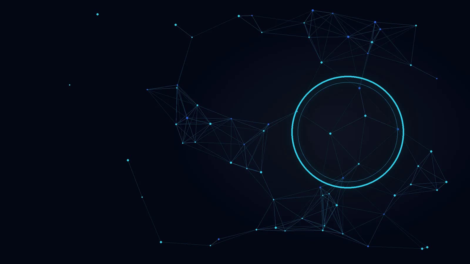 Illustration: cyanfarbenes Netz mit leuchtendem Ring auf dunklem Grund