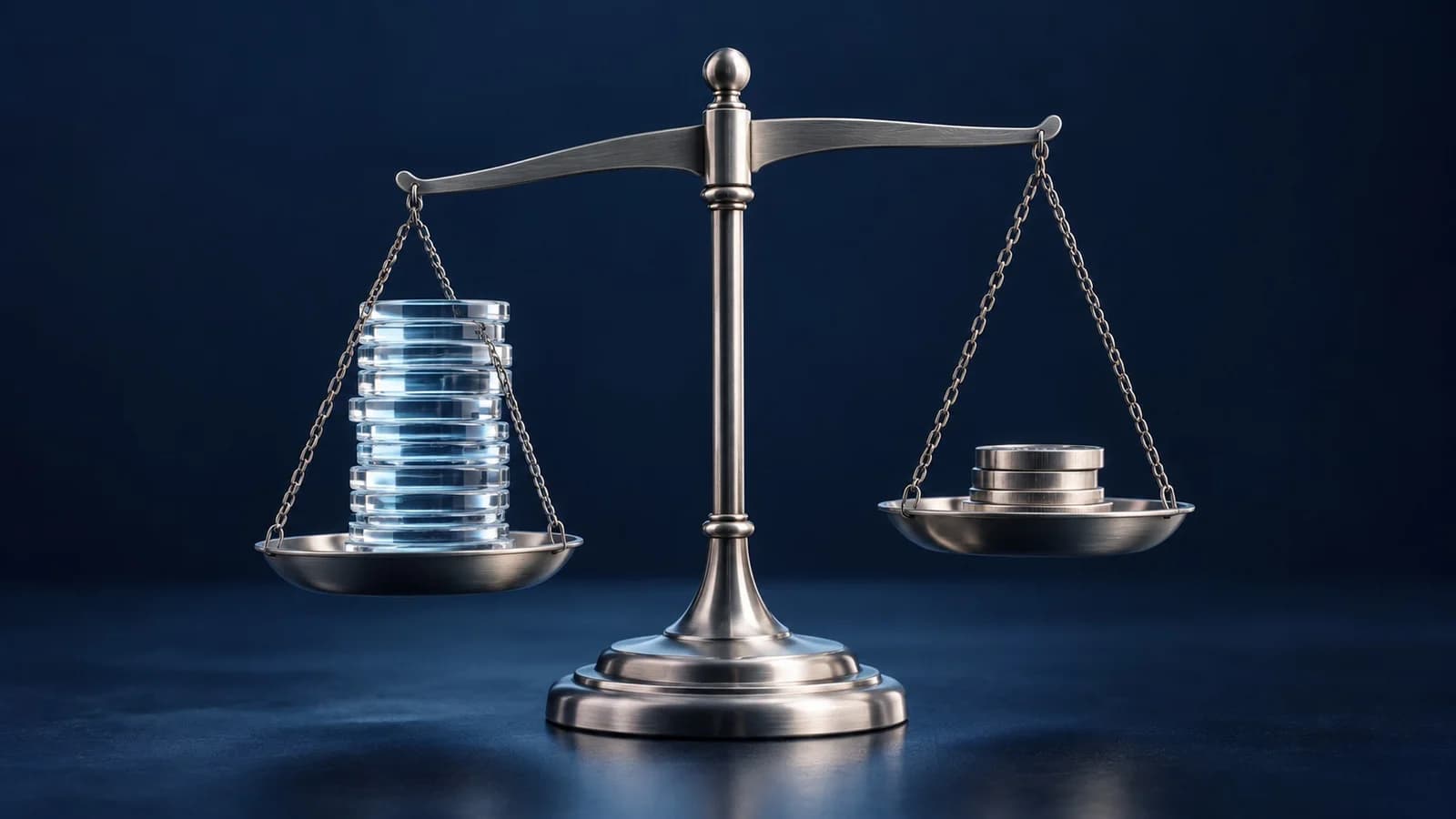 Ersatzszene: Ein hoher Stapel durchsichtiger Glasmünzen steht neben einem kleinen Stapel massiver Silbermünzen auf einer Waage. Sie zeigt, dass der Quartalsgewinn von Coinbase überwiegend Buchgewinn ist und der bereinigte Anteil klein bleibt.