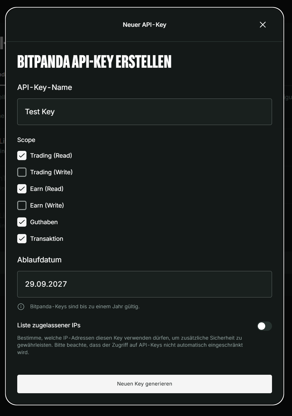 Bitpanda: API-Key erstellen mit Name, Scopes Trading (Read), Earn (Read), Guthaben und Transaktion, ohne Schreibrechte, Ablaufdatum in einem Jahr