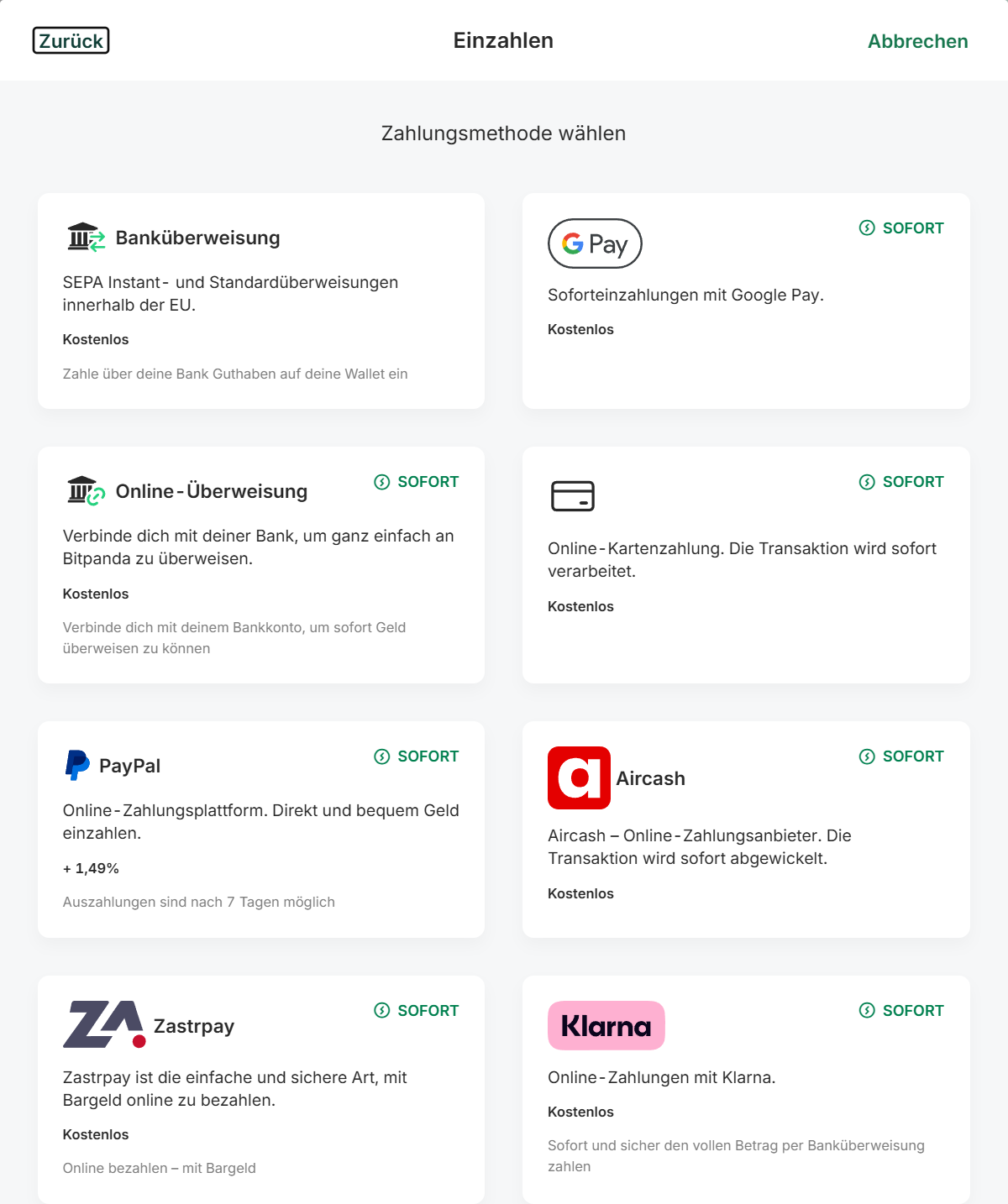 Bitpanda: Zahlungsmethode wählen mit Banküberweisung, Google Pay, Online-Überweisung, Karte, PayPal, Aircash, Zastrpay und Klarna samt Kostenangabe