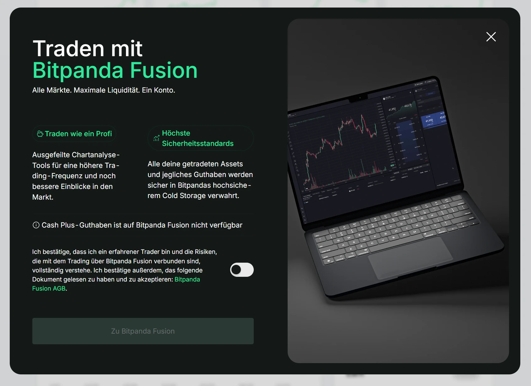 Bitpanda Dialog „Traden mit Bitpanda Fusion“ mit Bestätigung der Bedingungen und dem Hinweis, dass Cash-Plus-Guthaben in Fusion nicht verfügbar ist