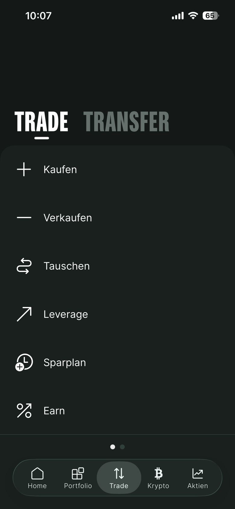 Bitpanda App: Menü Trade mit Kaufen, Verkaufen, Tauschen, Leverage, Sparplan und Earn
