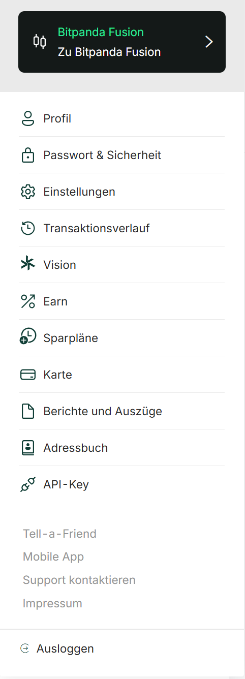 Bitpanda Profilmenü der klassischen Web-App mit Transaktionsverlauf, Berichte und Auszüge und API-Key