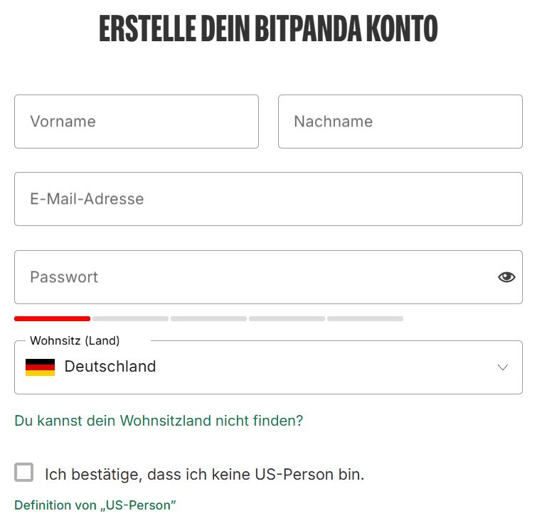Bitpanda Registrierung am Desktop: leere Felder für Vorname, Nachname, E-Mail-Adresse und Passwort, Wohnsitzland Deutschland, Bestätigung „keine US-Person“