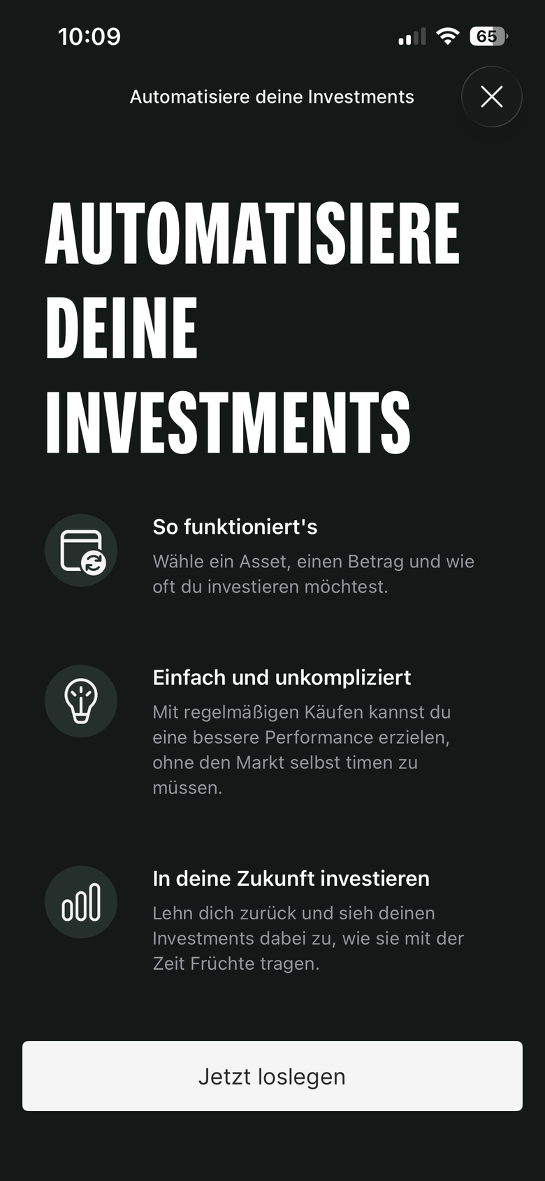 Bitpanda App: „Automatisiere deine Investments“ mit Erklärung zum Sparplan und dem Button Jetzt loslegen