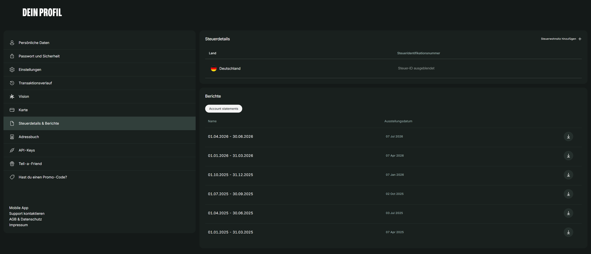 Bitpanda Profil „Steuerdetails & Berichte“: Deutschland mit ausgeblendeter Steuer-ID und Kontoauszüge je Quartal zum Herunterladen
