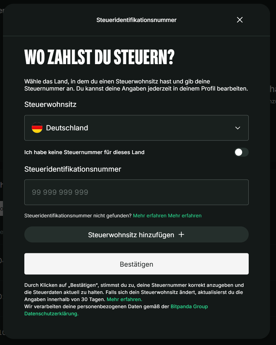Bitpanda Dialog „Wo zahlst du Steuern?“ mit Steuerwohnsitz Deutschland und leerem Feld für die Steueridentifikationsnummer