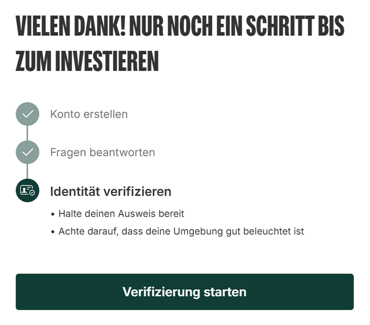 Bitpanda: „Nur noch ein Schritt bis zum Investieren“, Identität verifizieren mit den Hinweisen Ausweis bereithalten und auf gutes Licht achten