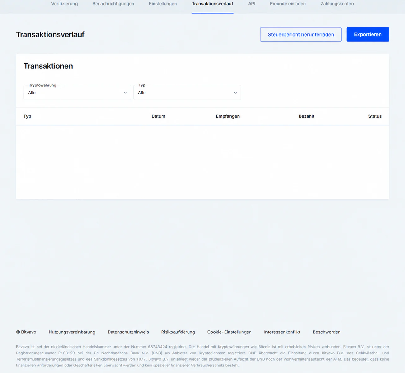 Bitvavo Transaktionsverlauf mit vollständig verdeckten Datenzeilen und den Schaltflächen Steuerbericht herunterladen und Exportieren