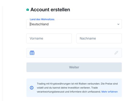 Bitvavo Registrierung mit Wohnsitzland sowie leeren Namens- und Geburtsdatumsfeldern