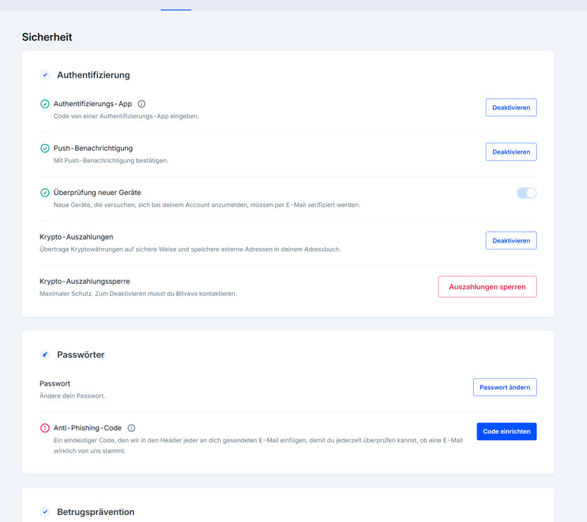 Bitvavo Sicherheit: Status von Authenticator-App, Push-Benachrichtigung, Geräteprüfung und Krypto-Auszahlungen