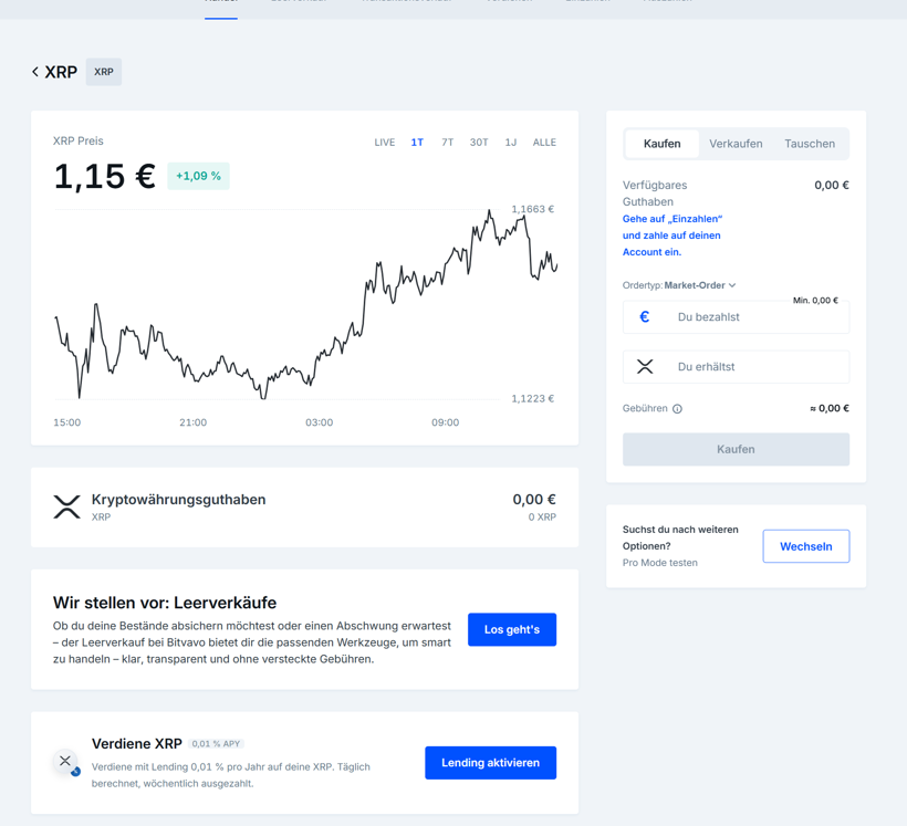 Bitvavo XRP-Handelsseite am Desktop mit Market-Order als Ausgangspunkt und Ordertyp-Auswahl