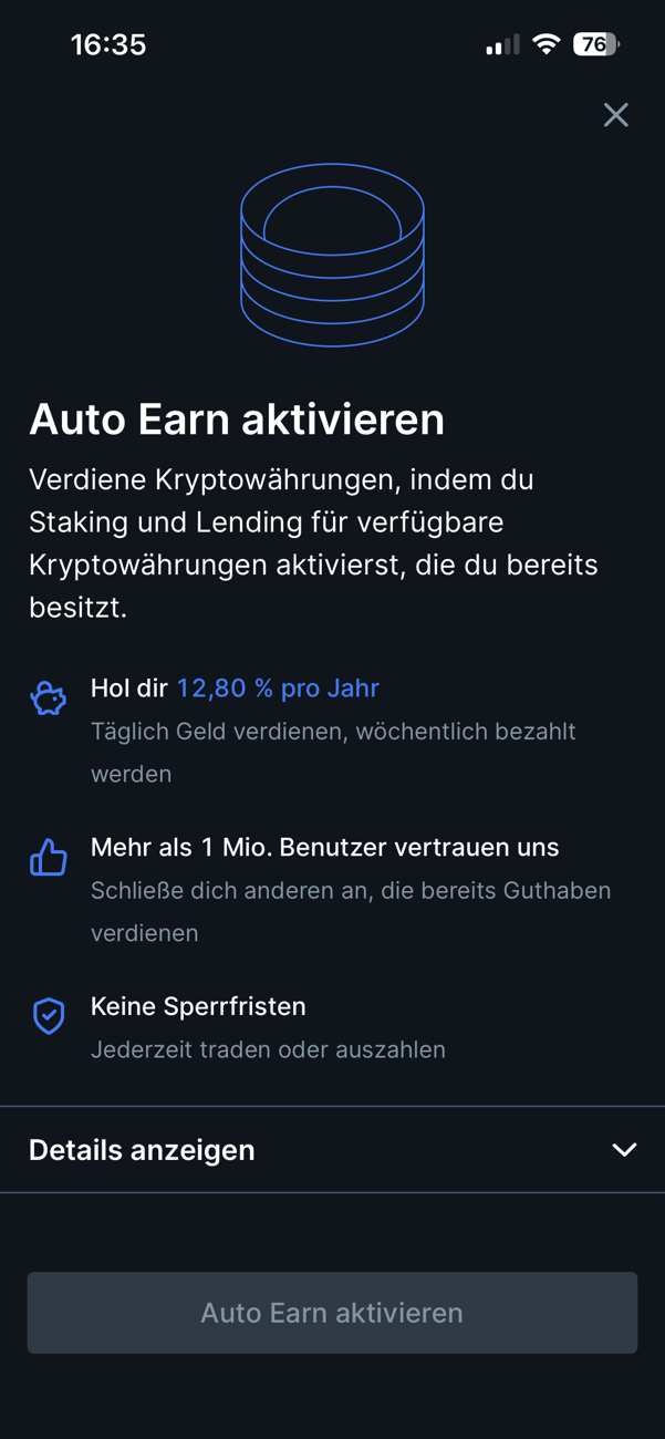 Bitvavo App: Einführung zu Auto Earn mit Renditehinweis und deaktiviertem Aktionsbutton