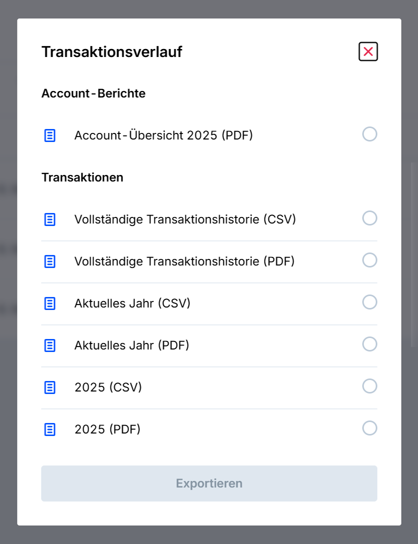 Bitvavo Exportdialog mit Jahresübersicht und Transaktionsverlauf als CSV oder PDF