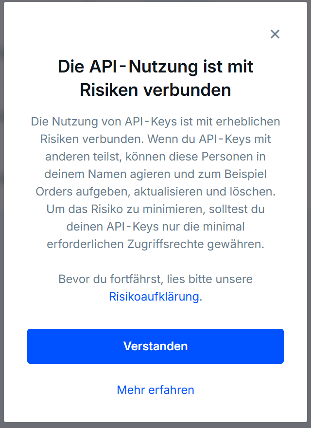 Bitvavo Risikohinweis zur API-Nutzung ohne persönliche Angaben