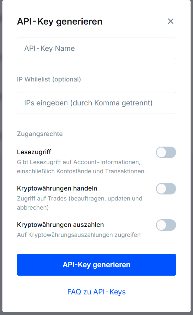 Bitvavo Dialog zum Erstellen eines API-Keys mit leeren Feldern und ausgeschalteten Berechtigungen
