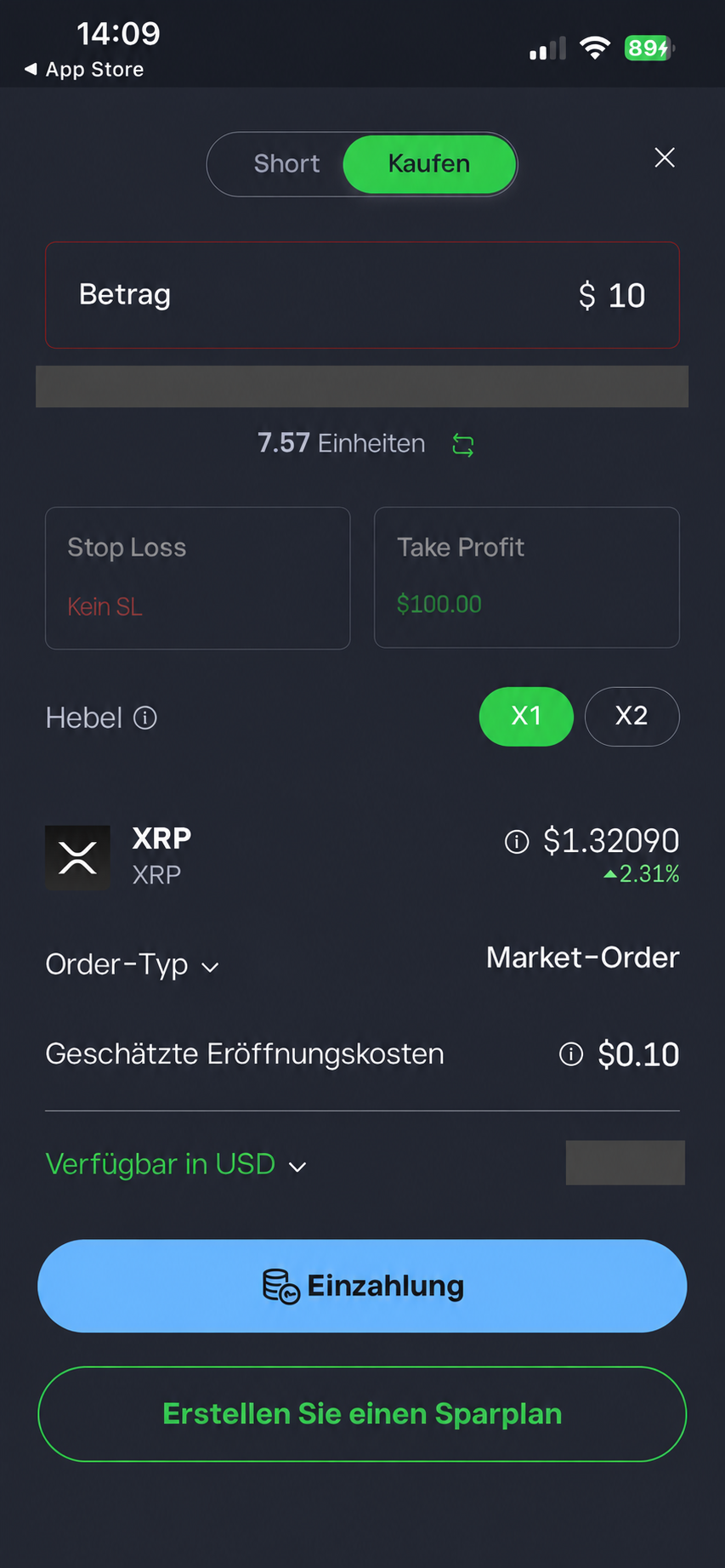 eToro App: XRP-Kaufdialog mit Hebel X1, Market-Order und vollständig verdeckten Kontowerten