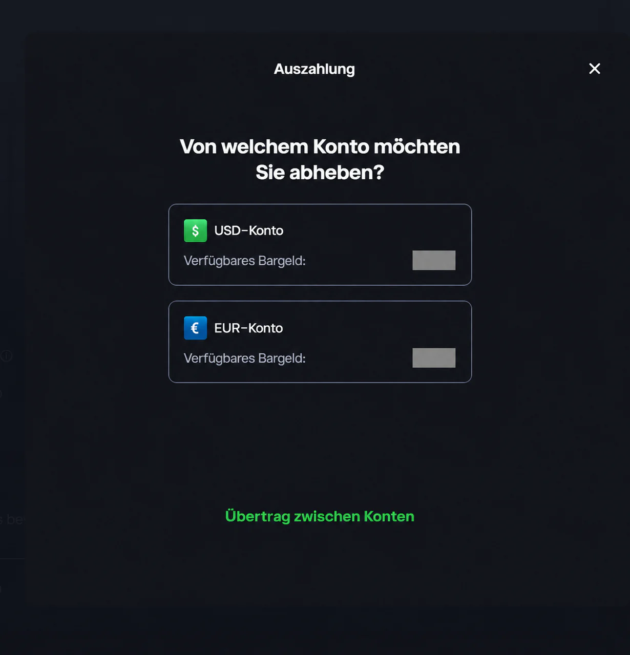 eToro Auszahlung: Auswahl zwischen USD-Konto und EUR-Konto; Kontowerte vollständig verdeckt