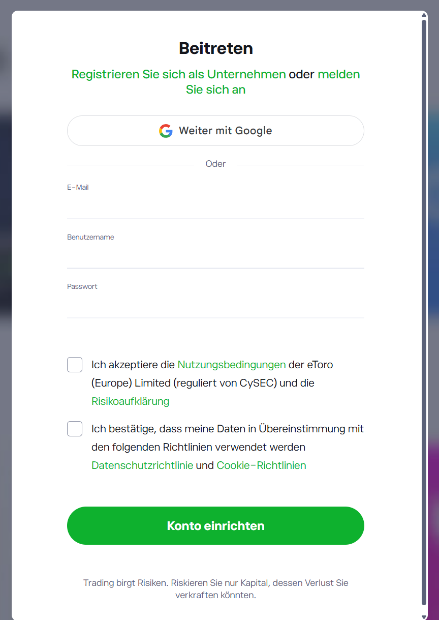 eToro Registrierung am Desktop: Formular Beitreten mit E-Mail, Benutzername, Passwort und Google-Login