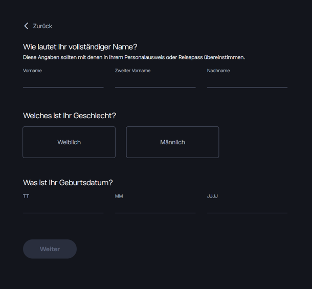 eToro: Eingabe von Vorname, Nachname, Geschlecht und Geburtsdatum