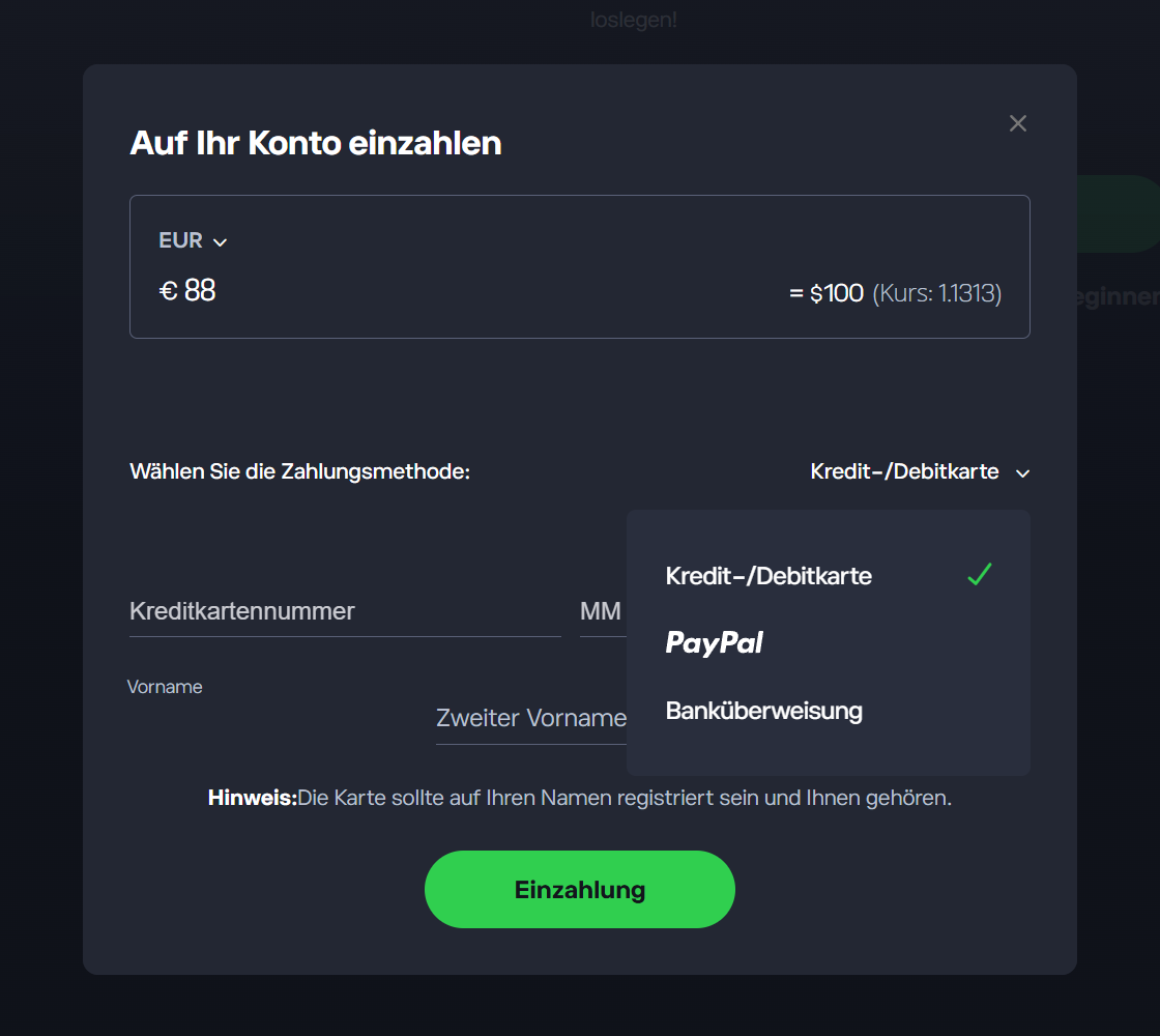 eToro Einzahlungsdialog am Desktop: 88 € werden zu 100 $ umgerechnet, Auswahl Kreditkarte, PayPal oder Banküberweisung