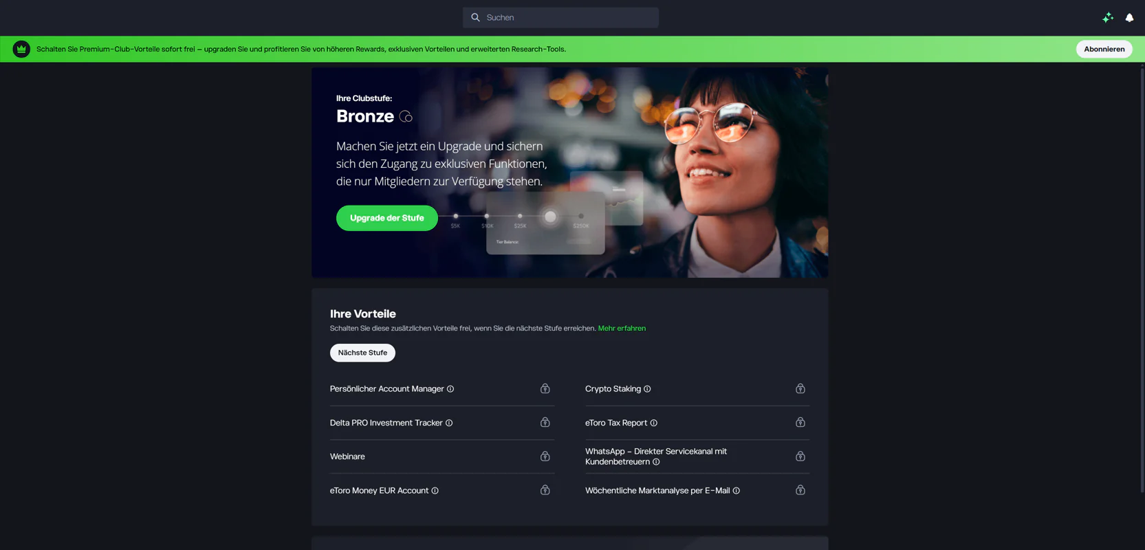 eToro Club-Seite: Stufe Bronze und die Vorteilsliste mit eToro Tax Report