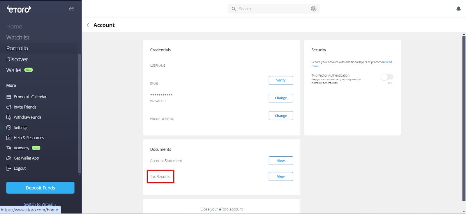 eToro Kontoeinstellungen: Bereich Documents mit Account Statement und Tax Reports, jeweils mit View-Button