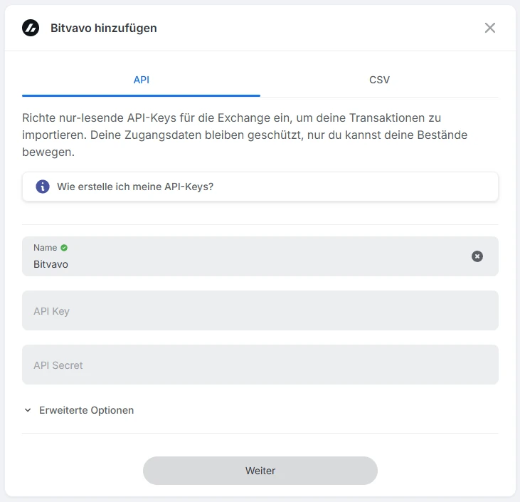 Blockpit Dialog Bitvavo hinzufügen im Reiter API mit leeren Feldern für API Key und API Secret