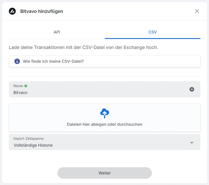 Blockpit Dialog Bitvavo hinzufügen im Reiter CSV mit Feld zum Hochladen und Import-Zeitspanne