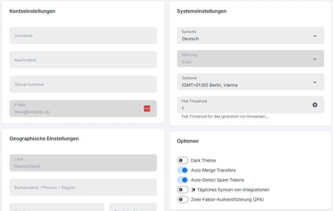 Blockpit Kontoeinstellungen mit Land Deutschland, Währung Euro und den Optionen Auto-Merge Transfers und Auto-Detect Spam Tokens