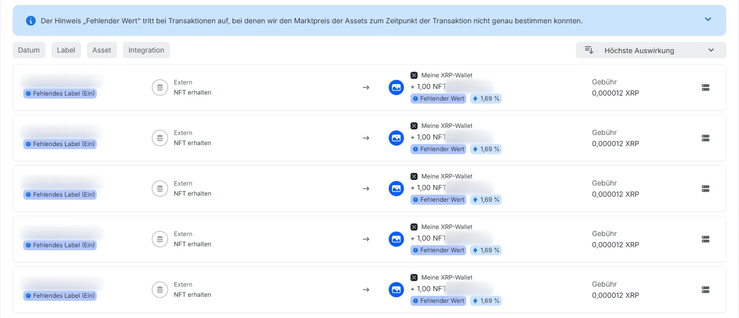Blockpit Kontogesundheit Reiter Fehlender Wert mit erhaltenen NFTs ohne Marktpreis; Zeiten und Nummern unkenntlich
