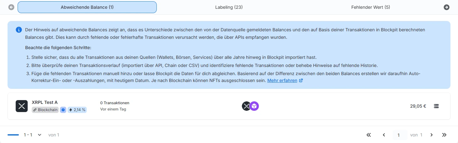 Blockpit aufgeklappter Hinweis Abweichende Balance mit dem Unterschied zwischen gemeldeter und berechneter Balance und den Lösungsschritten