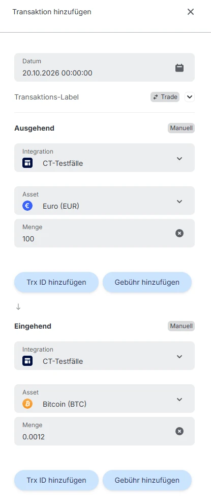Blockpit Dialog Transaktion hinzufügen mit Label Trade, ausgehend Euro und eingehend Bitcoin in der Integration CT-Testfälle