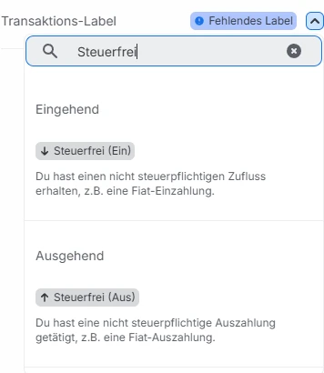 Blockpit Label-Auswahl mit Steuerfrei (Ein) für einen nicht steuerpflichtigen Zufluss, zum Beispiel eine Fiat-Einzahlung, und Steuerfrei (Aus)