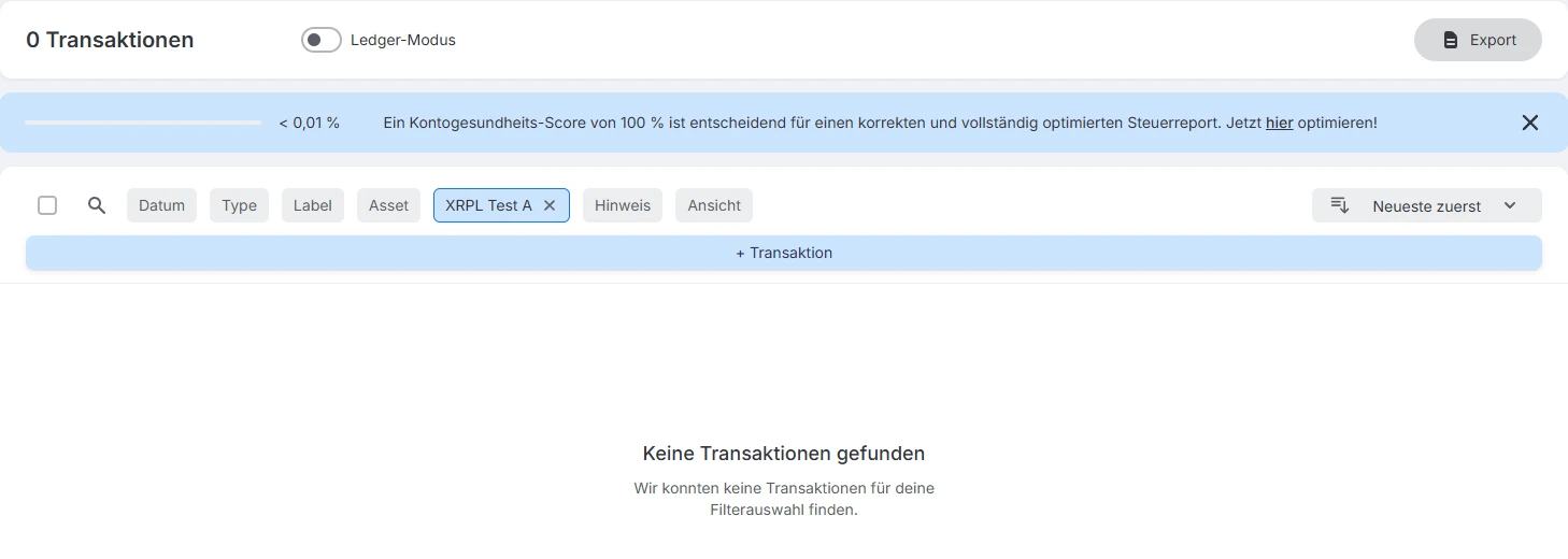 Blockpit Integrationen mit einer Integration, die 0 Transaktionen zeigt, obwohl ein Bestand vorhanden ist