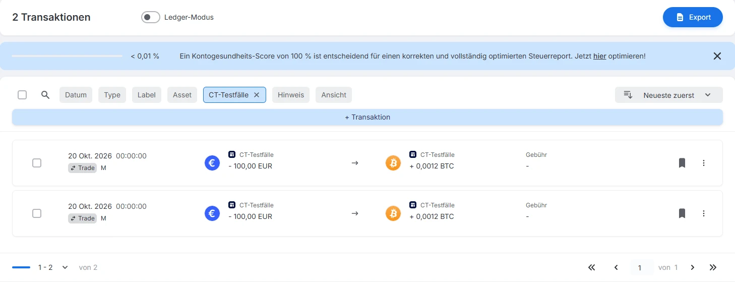 Blockpit Transaktionsliste gefiltert auf die Integration CT-Testfälle mit zwei gleichen Trades am selben Tag, ohne Hinweis auf ein Duplikat