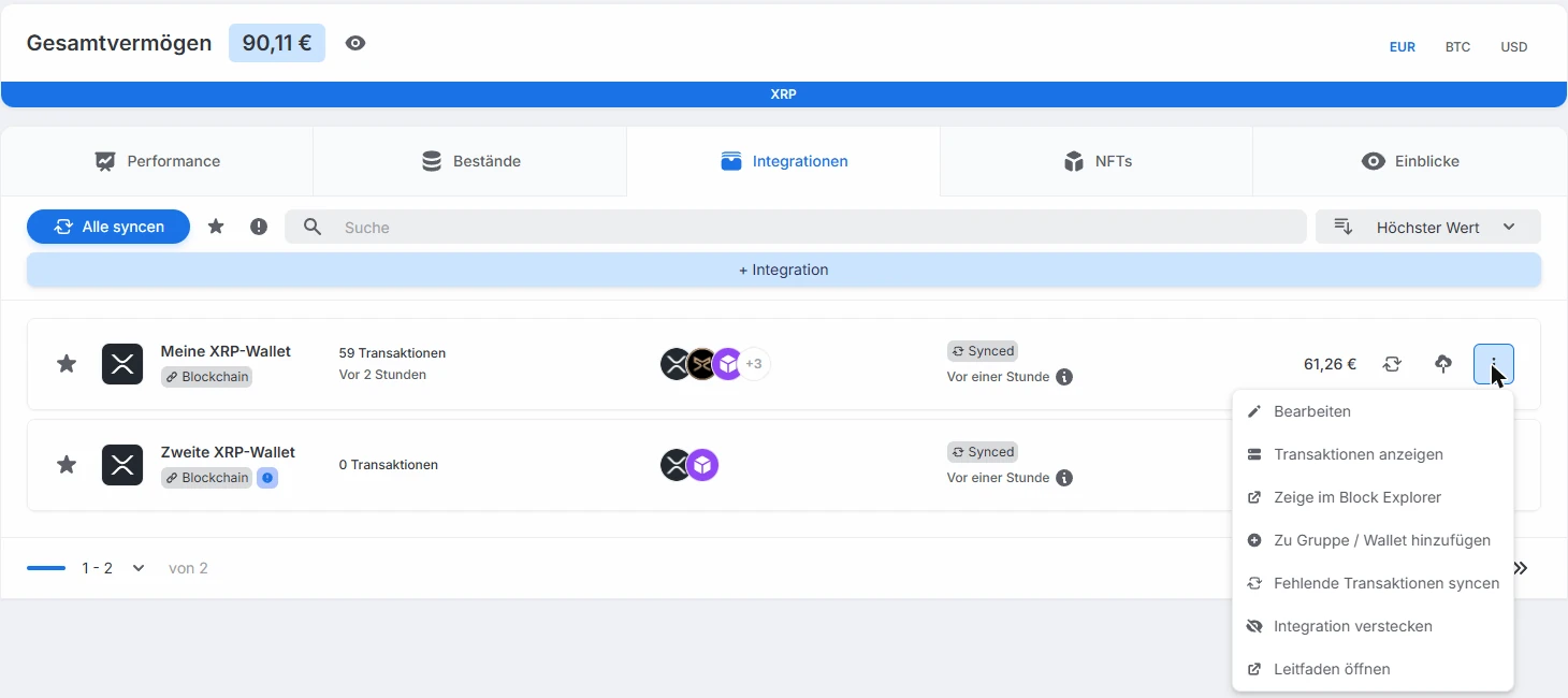 Blockpit Integrationen mit Status Synced und geöffnetem Menü mit Bearbeiten, Fehlende Transaktionen syncen und Leitfaden öffnen