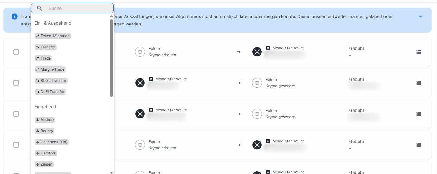 Blockpit Auswahl des Labels mit Transfer, Trade, Stake Transfer, Airdrop und Zinsen; Beträge unkenntlich