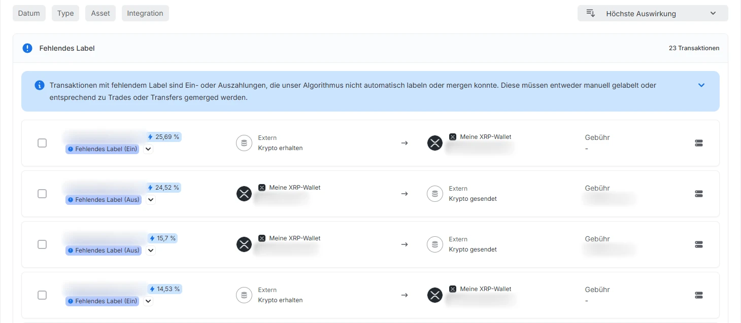 Blockpit Kontogesundheit Reiter Labeling mit Transaktionen Fehlendes Label (Ein) und (Aus); Zeiten und Beträge unkenntlich