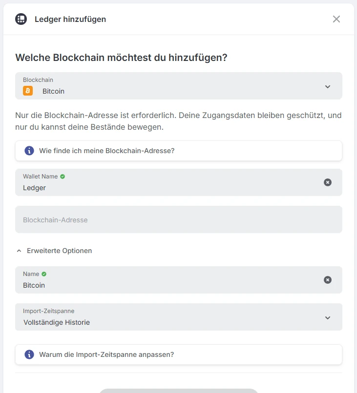 Blockpit Ledger-Dialog mit Blockchain Bitcoin, Feld Blockchain-Adresse und erweiterten Optionen