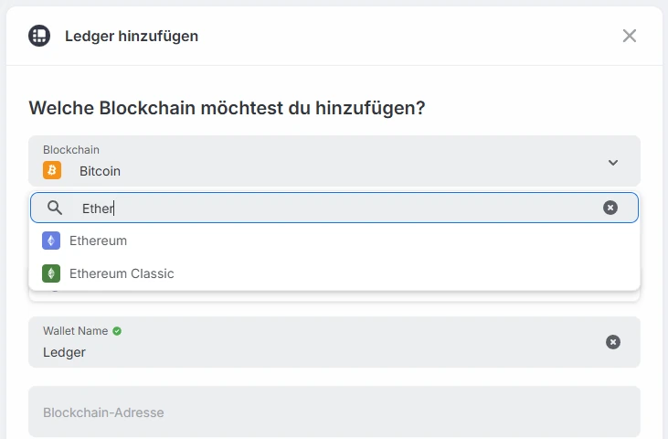 Blockpit Ledger-Dialog mit Blockchain-Auswahl und Suche nach Ethereum