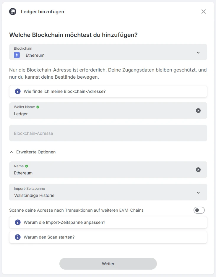 Blockpit Ledger-Dialog mit Blockchain Ethereum, Feld Blockchain-Adresse und Schalter für weitere EVM-Chains