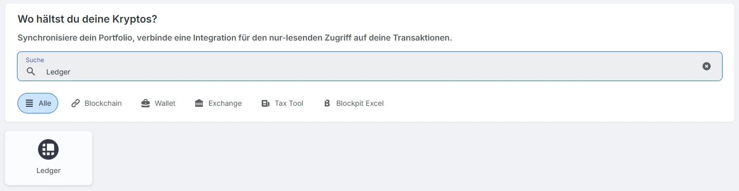 Blockpit Integration hinzufügen mit Suche nach Ledger